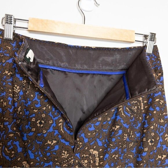 J Crew Womens Size 2 Pencil Skirt Blue Brown Print Cotton Slit Mini Wear to Work - Picture 5 of 8